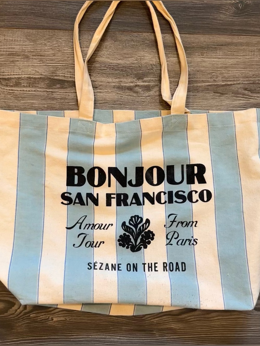 Sézane Striped 'Bonjour San Francisco' Canvas Tote in Cream and Light Blue
